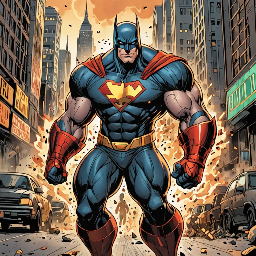 a man in a superman costume standing in a city street with a fireball in the background and a building in the background, superflat, a comic book panel, Altichiero, comic cover art