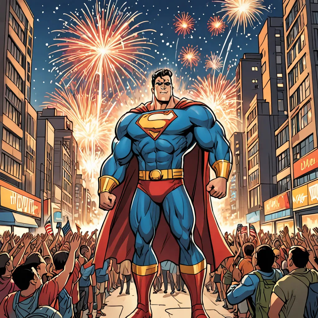 a man in a superman costume standing in front of a crowd of people with fireworks in the background and a sky full of people, superflat, a comic book panel, Anthony Palumbo, comic cover art