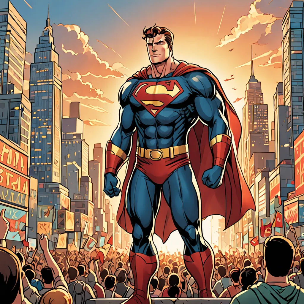 a man in a superman suit standing in front of a crowd of people in a city at sunset with a sky background, superflat, a comic book panel, Alan Davis, comic cover art