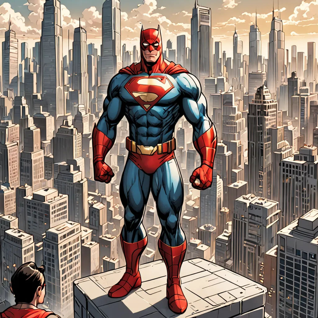 a man standing on top of a building with a superman suit on and a city in the background with skyscrapers, superflat, a comic book panel, Dave Gibbons, heroic pose