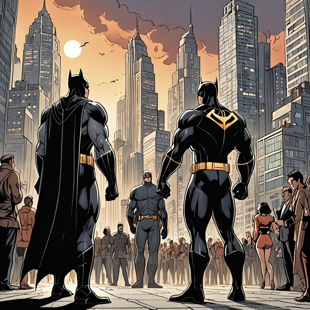 a group of people standing around a city with batman characters in the background and a full moon in the sky, harlem renaissance, a comic book panel, Altichiero, comic cover art