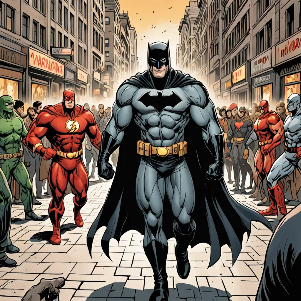 a group of superheros are standing in a street with a crowd of people in the background, all dressed in costumes, altermodern, a comic book panel, Alan Davis, promotional image