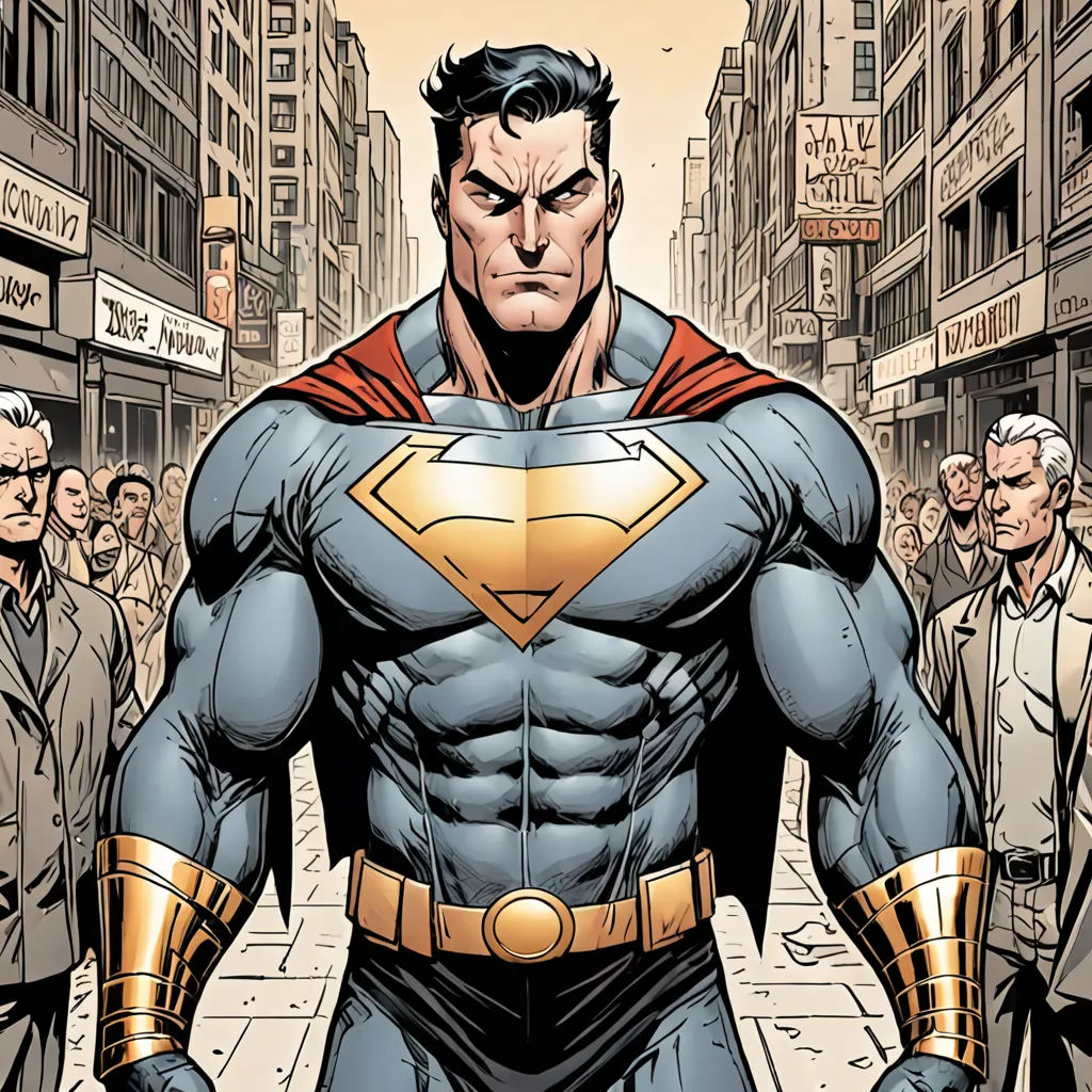 a man in a superman suit walking down a street with other people behind him and a crowd of people standing around him, superflat, a comic book panel, Anthony Palumbo, comic cover art