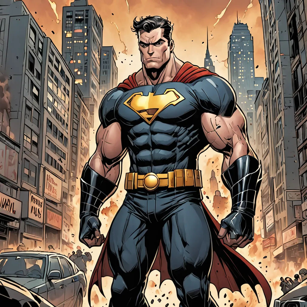 a man in a superman suit standing in a city street with a lot of buildings in the background and a lot of smoke coming out of his hands, superflat, a comic book panel, Anthony Palumbo, comic cover art