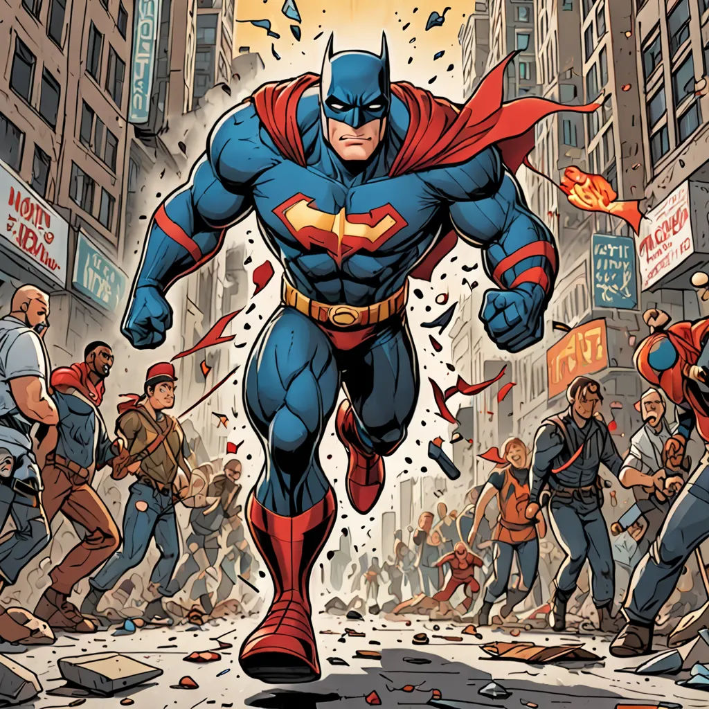a cartoon of a man running through a crowd of people in a city street with a fire hydrant, superflat, a comic book panel, Alan Davis, josan gonzales and dan mumford