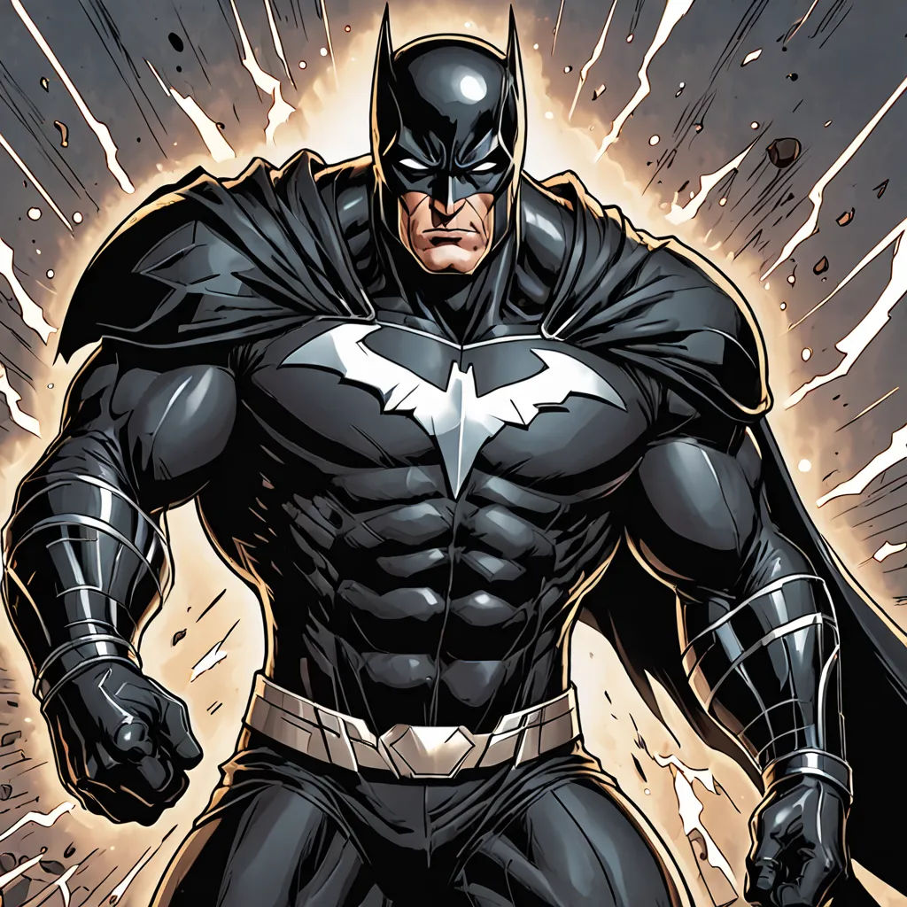 a batman standing in front of a lightning background with his hands on his hips and his face slightly open, rayonism, a comic book panel, Altichiero, dark night