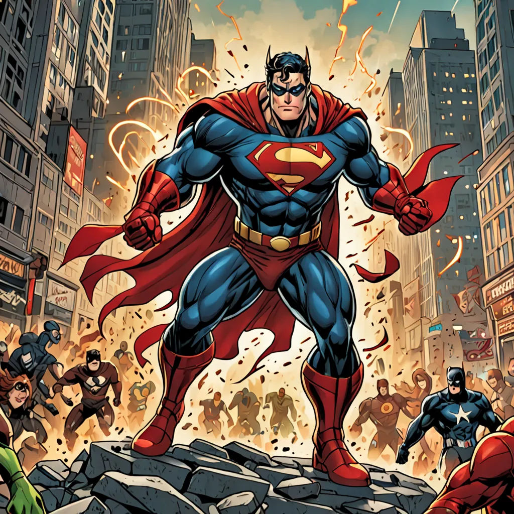 a man in a superman suit standing on a rock surrounded by other people in a cityscape with a fire coming out of his chest, superflat, a comic book panel, Alan Davis, comic cover art