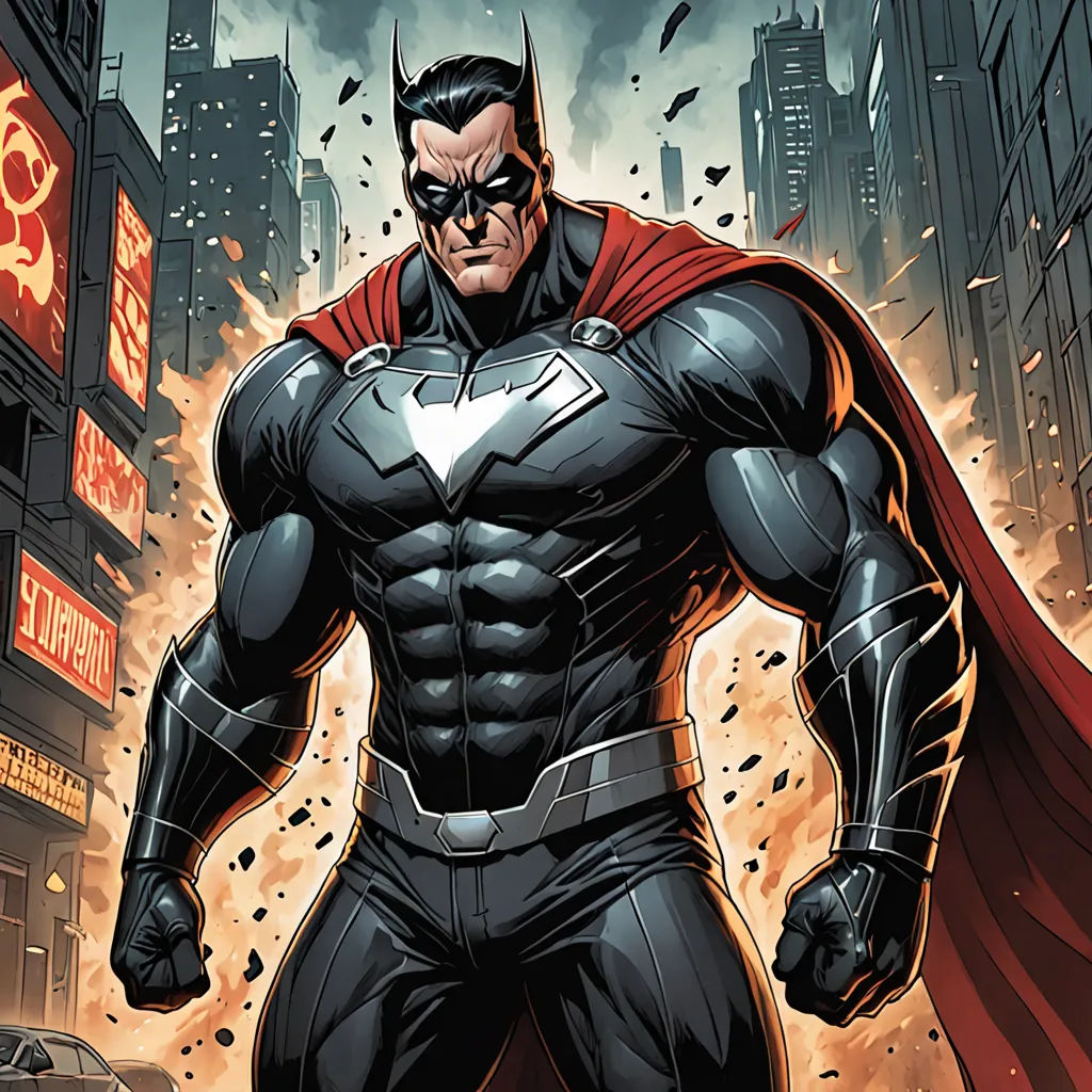 a man in a batman costume standing in front of a city street with a car in the background and a fire coming out of his mouth, photorealism, a comic book panel, Altichiero, dark night