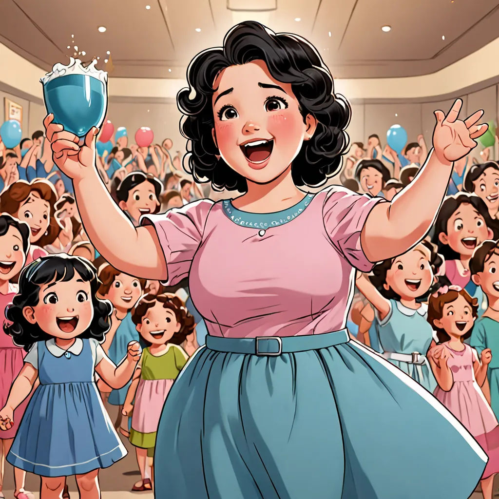 a woman in a pink shirt and blue skirt holding a blue glass in front of a crowd of children, kitsch movement, a comic book panel, Dorothy Coke, yukito kishiro