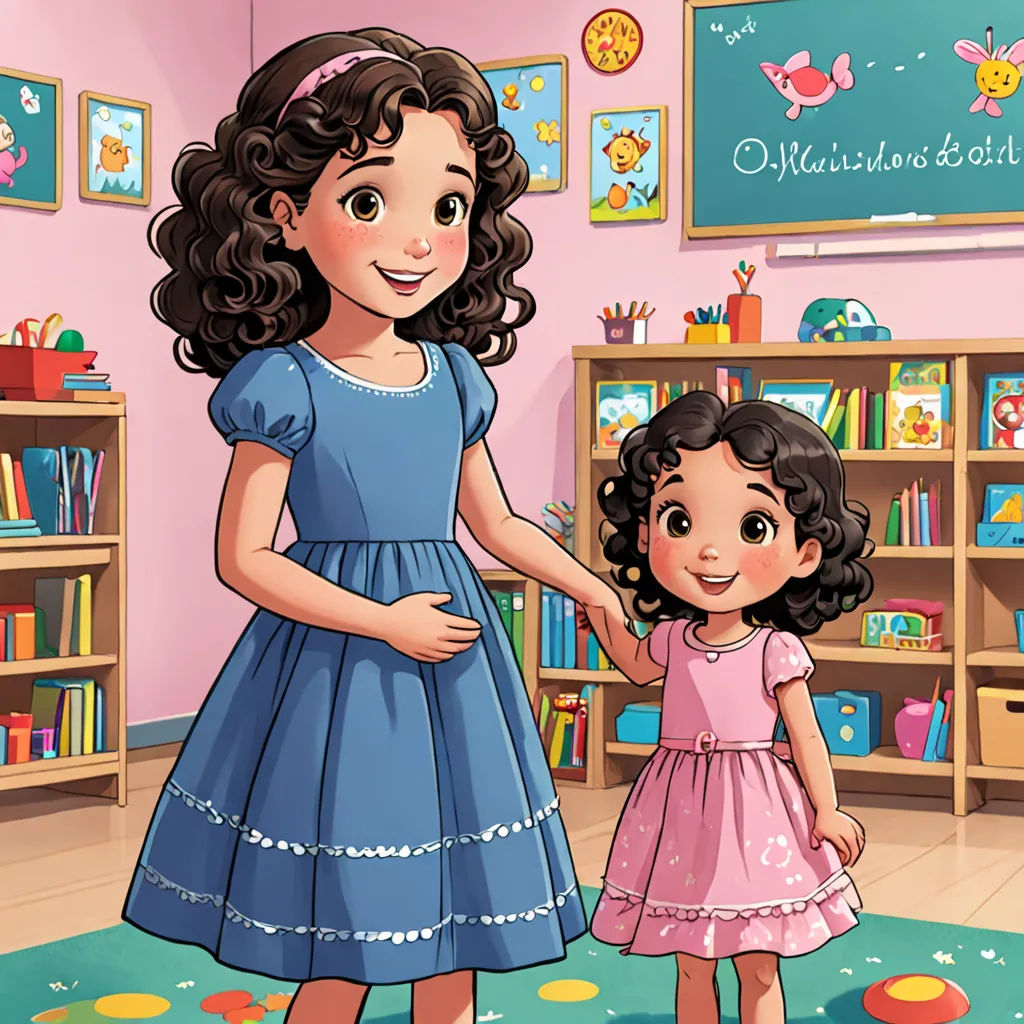 a little girl and a girl in a room with bookshelves and a chalkboard with a picture of a girl holding hands, magical realism, a storybook illustration, Araceli Gilbert, storybook illustration