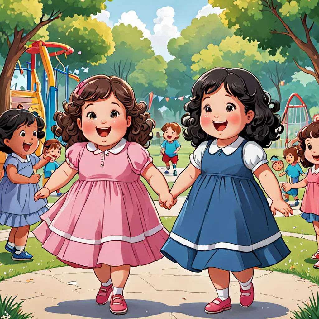 two little girls holding hands in a park with other children in the background holding hands and walking towards the camera, naive art, a storybook illustration, Ada Gladys Killins, storybook illustration