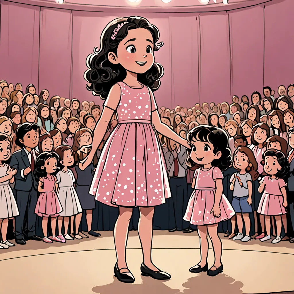 a cartoon of a woman in a pink dress standing in front of a crowd of children in a pink room, private press, a storybook illustration, Asaf Hanuka, comic cover art