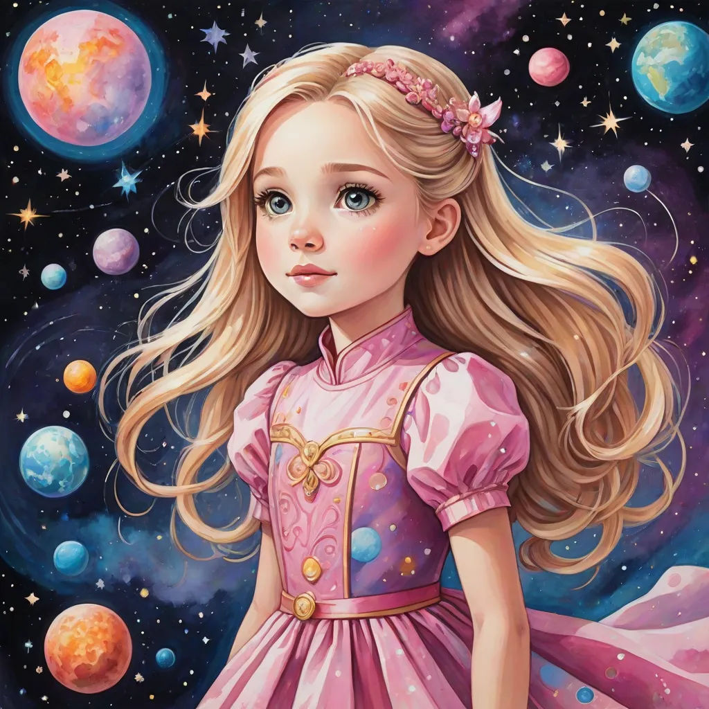 a painting of a girl in a pink dress with planets in the background and stars in the sky above, space art, a detailed painting, Alice Prin, yukito kishiro