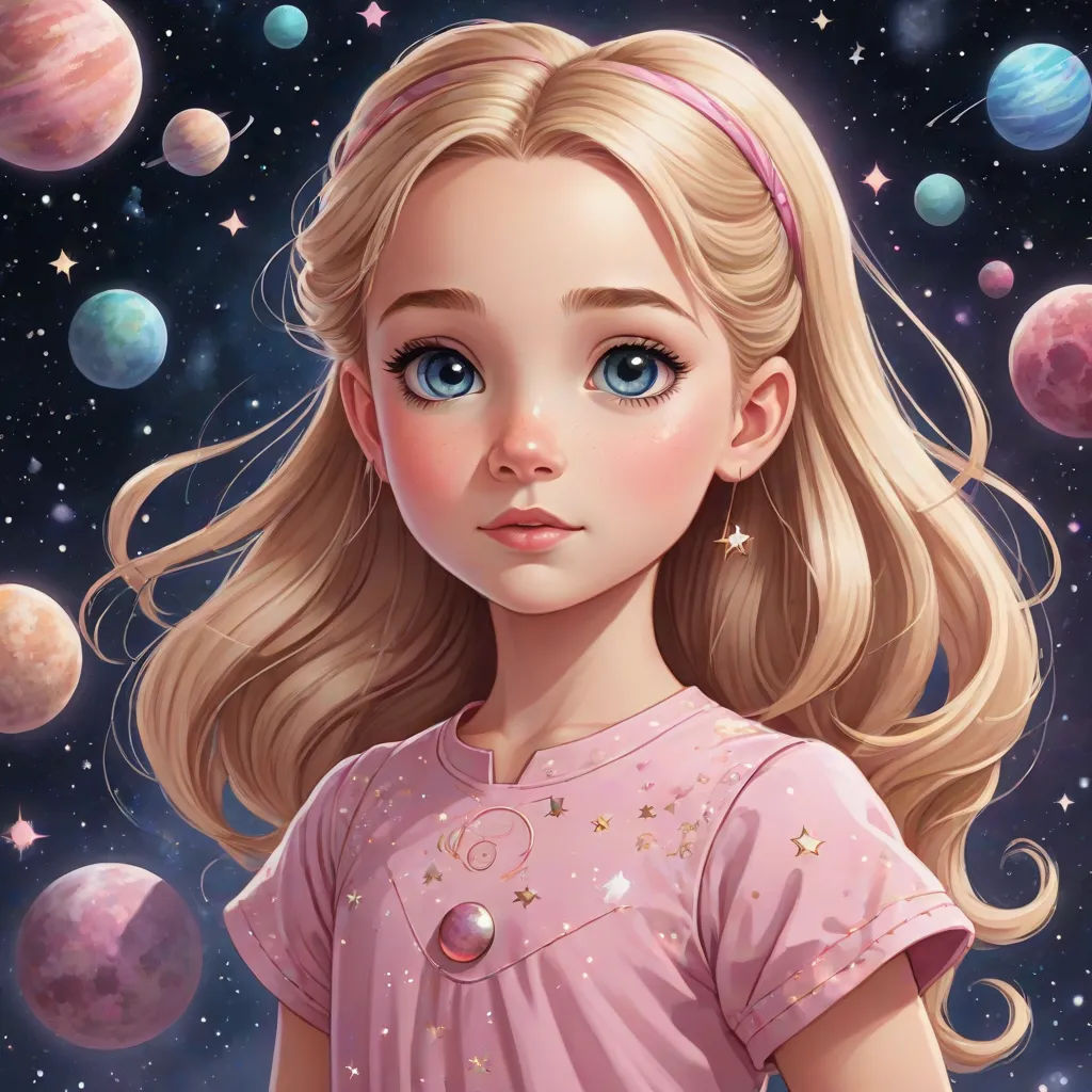 a girl with blonde hair and blue eyes standing in front of planets and stars in the sky with a pink dress, space art, a detailed painting, Charlie Bowater, trending on art station