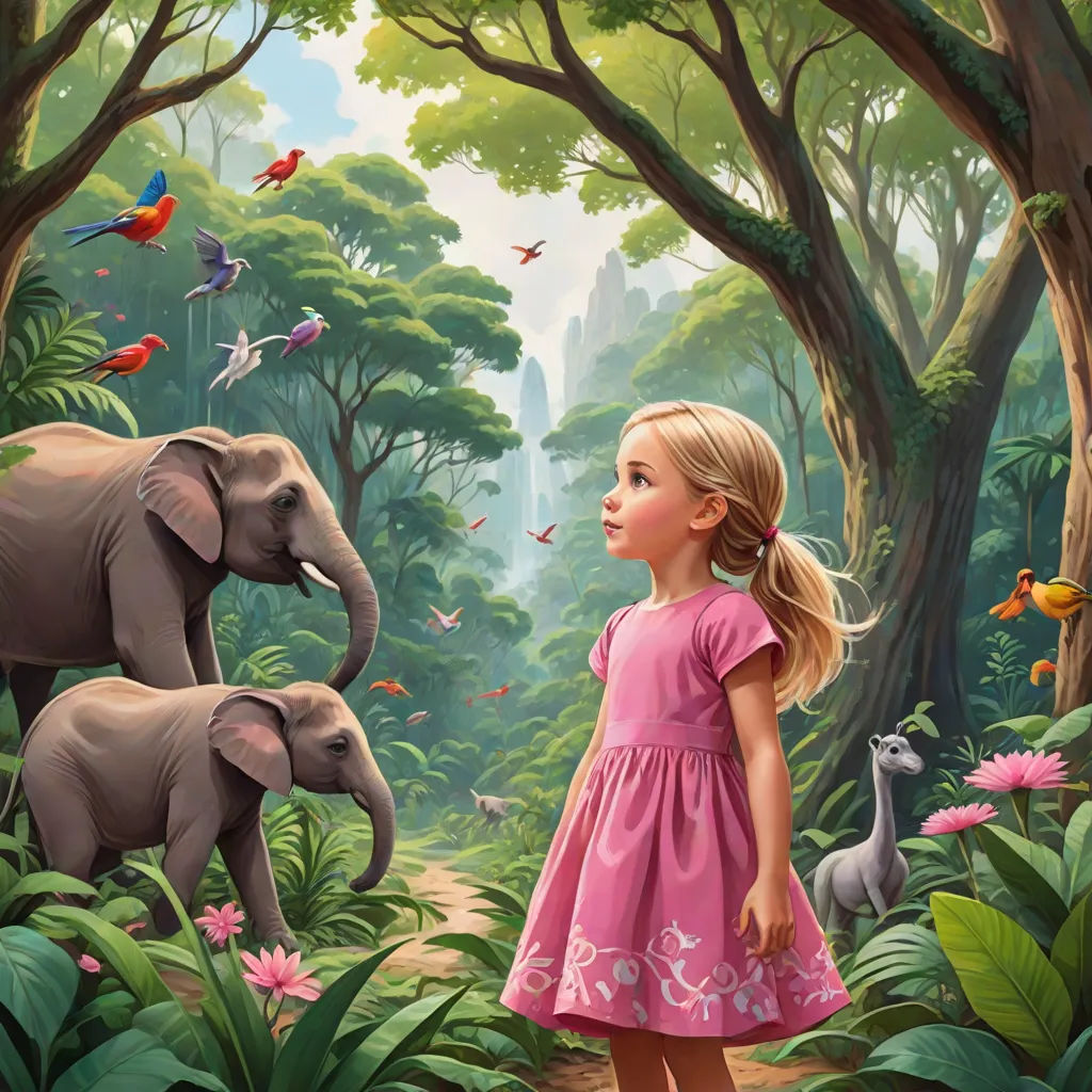 a little girl standing in a forest with an elephant and other animals in the background, with a painting of a baby elephant, magical realism, a storybook illustration, Bob Byerley, storybook illustration