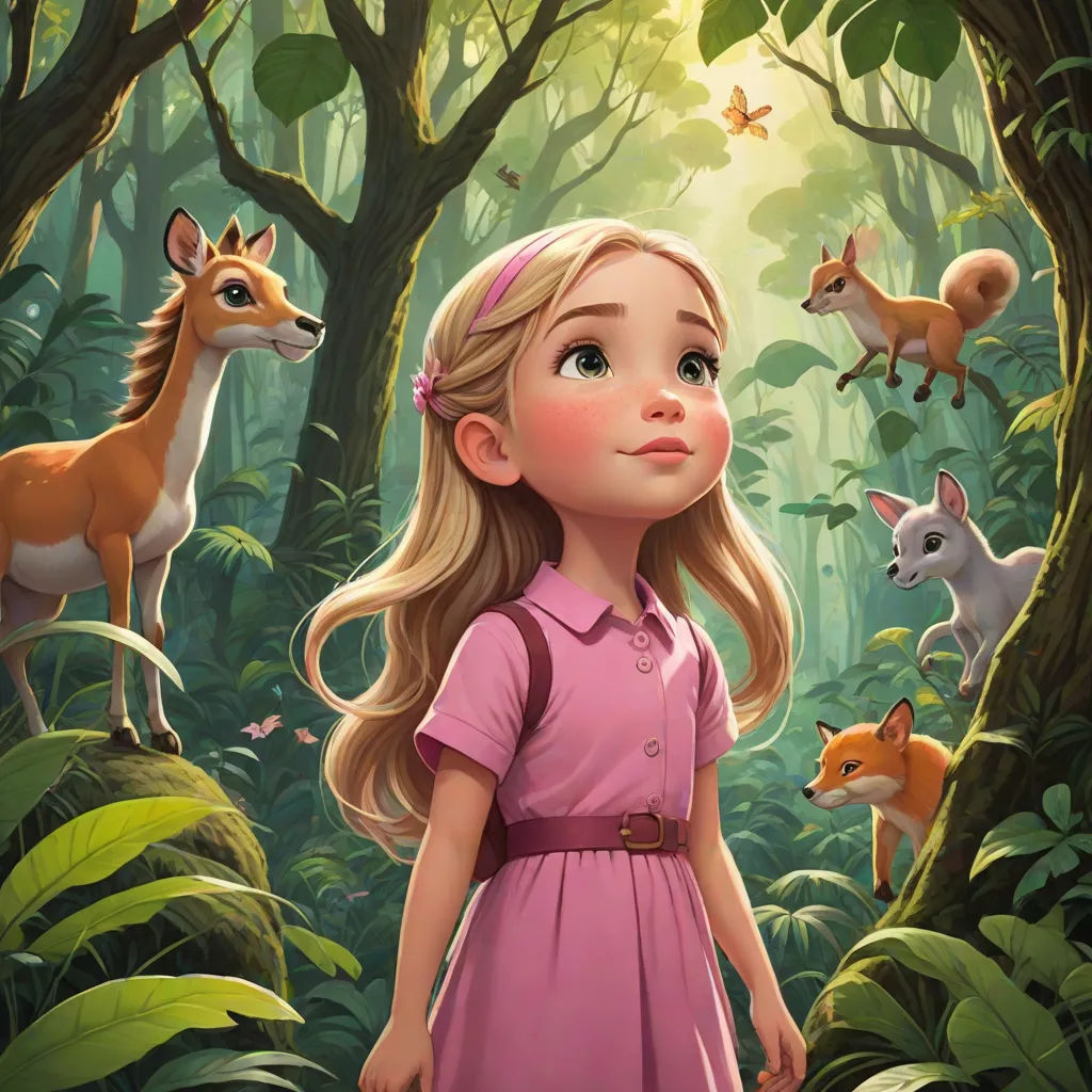 a little girl standing in the forest with animals around her and a deer behind her, looking up at the sky, magical realism, a storybook illustration, Cliff Childs, official art