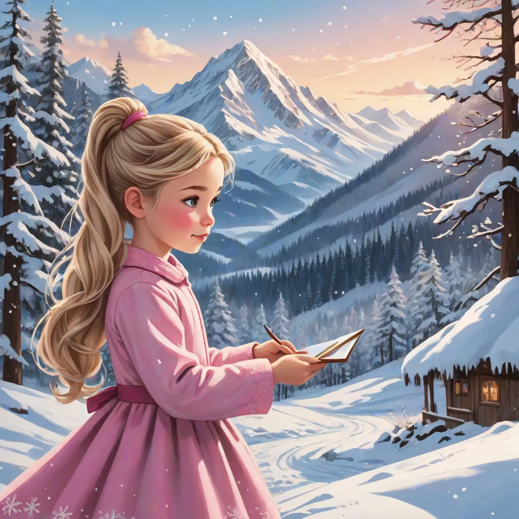 a painting of a girl in a pink dress holding a paper in her hand and a snowy mountain in the background, naive art, a storybook illustration, Cliff Childs, kinkade