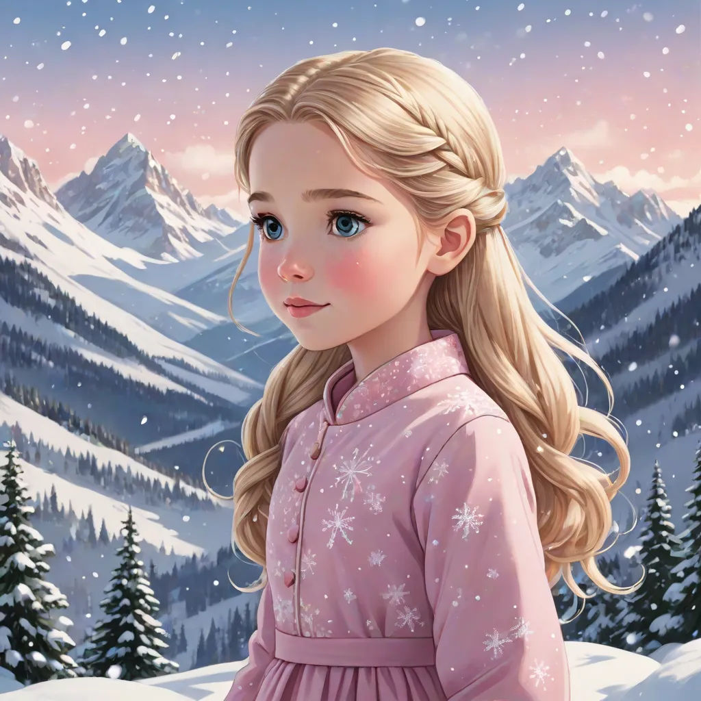 a painting of a girl in a pink dress in the snow with mountains in the background and snow falling, fantasy art, a storybook illustration, Cliff Childs, kinkade