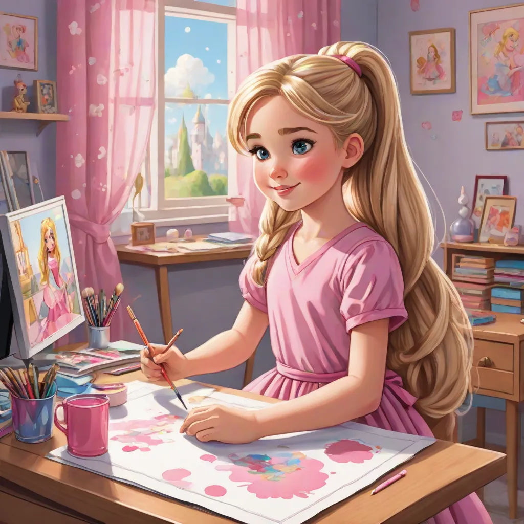 a girl is sitting at a desk with a painting and a cup of coffee in front of her and a window, american scene painting, a storybook illustration, artist, official art