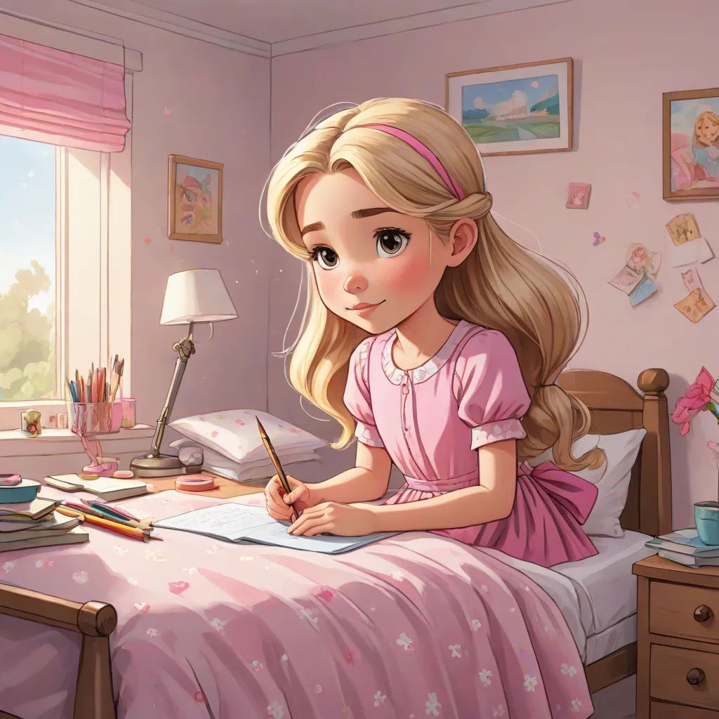 a girl sitting on a bed writing in a notebook with a lamp on the side of the bed behind her, remodernism, a storybook illustration, disney, storybook illustration
