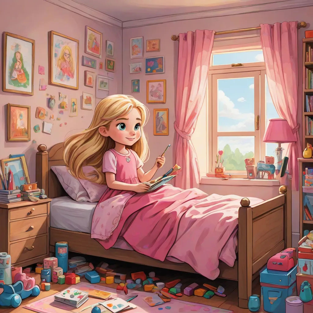 a cartoon girl sitting on a bed in a bedroom with toys all around her and a book in her hand, photorealism, a storybook illustration, disney, storybook illustration