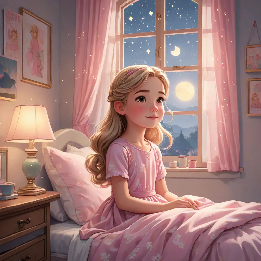 a girl sitting on a bed in a pink dress looking out a window at the night sky with stars and moon, american scene painting, a storybook illustration, disney, storybook illustration