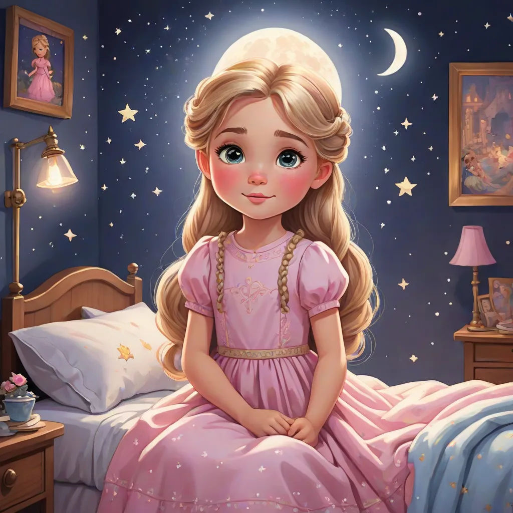 a painting of a little girl sitting on a bed in a pink dress with stars on the wall and a night sky behind her, fantasy art, a storybook illustration, Alice Prin, kinkade
