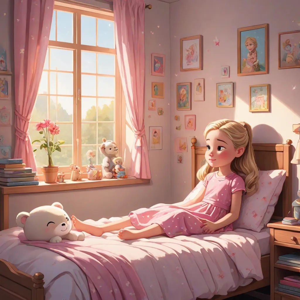 a girl in a pink dress sitting on a bed with a teddy bear in a pink room with pink curtains, photorealism, a storybook illustration, disney, rossdraws global illumination