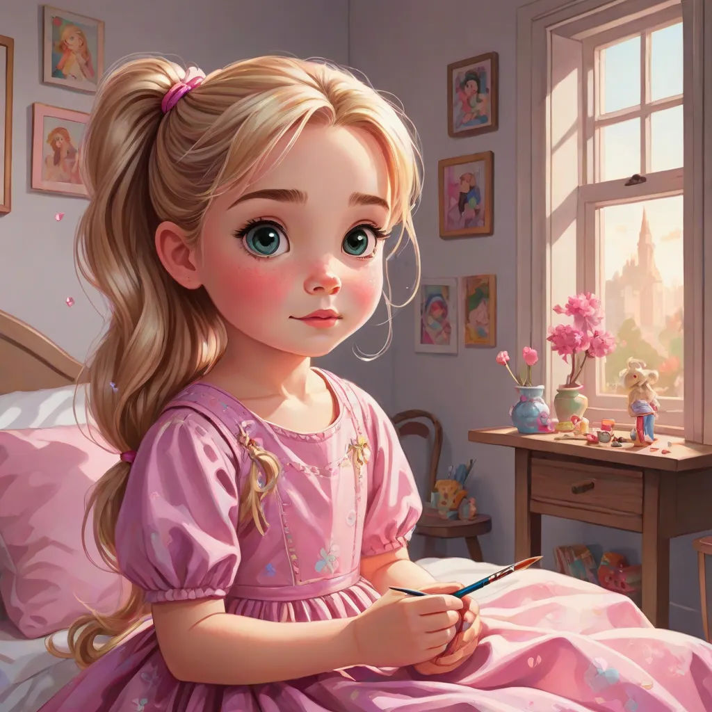 a painting of a little girl in a pink dress sitting on a bed with a pink dress on and a pink flower in her hair, fantasy art, a detailed painting, artist, detailed painting