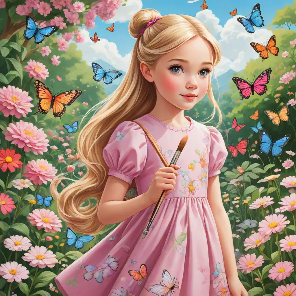 a painting of a girl in a pink dress holding a umbrella in a field of flowers with butterflies around her, pop surrealism, a detailed painting, Alice Prin, detailed painting