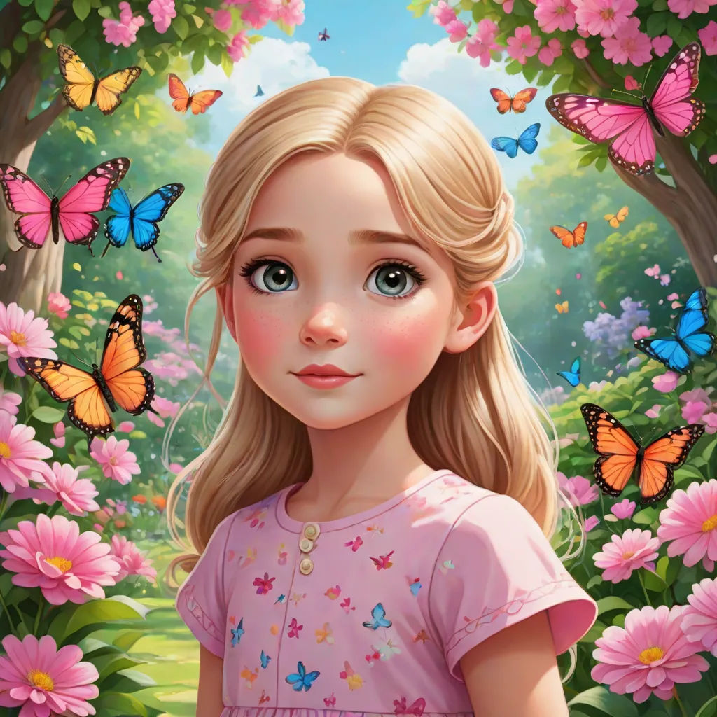 a girl in a pink dress standing in a field of flowers with butterflies around her and a butterfly - filled sky, pop surrealism, a storybook illustration, Alice Prin, kinkade