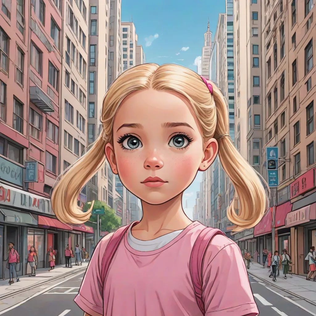a girl with blonde hair and a pink shirt is standing in the middle of a city street with buildings, hyperrealism, a comic book panel, Drew Struzan, yukito kishiro