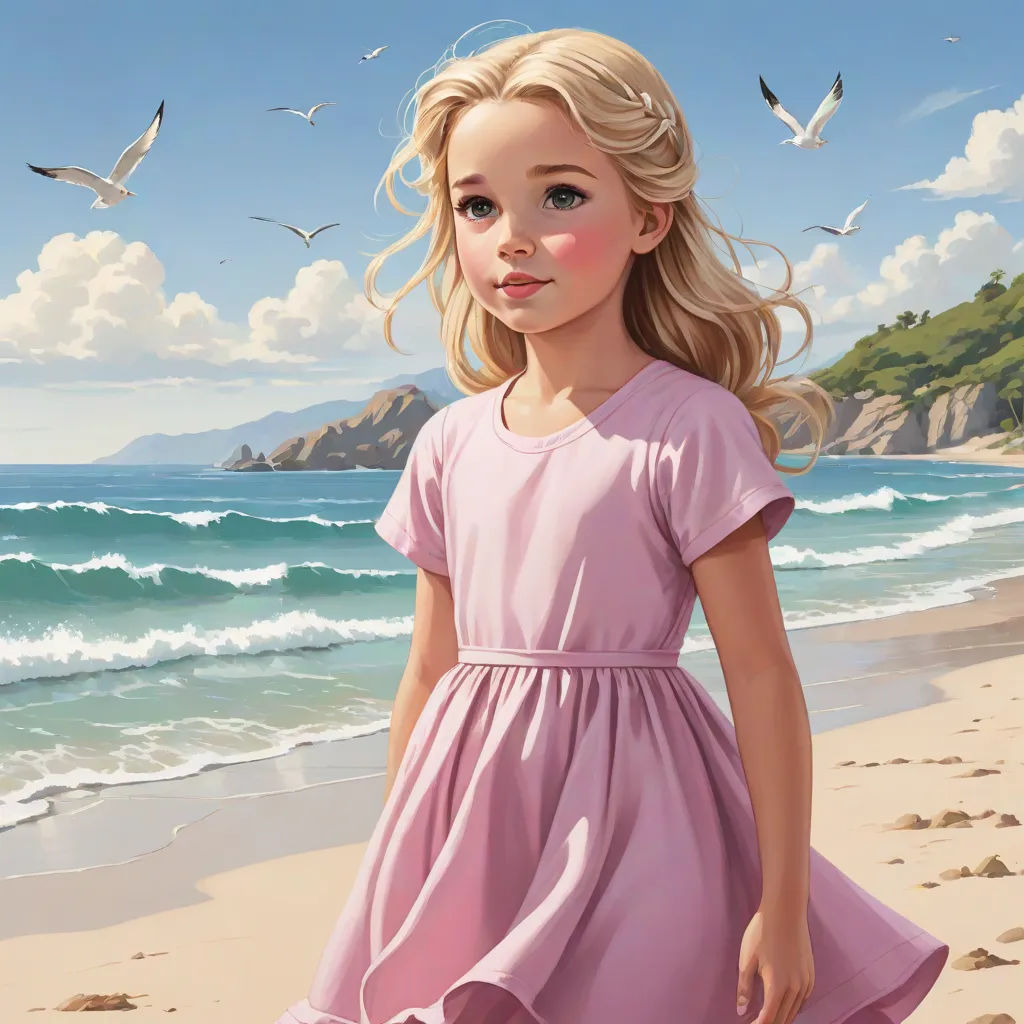 a painting of a little girl on the beach with birds flying around her and a bird flying over her head, american scene painting, an ultrafine detailed painting, David Ligare, kinkade