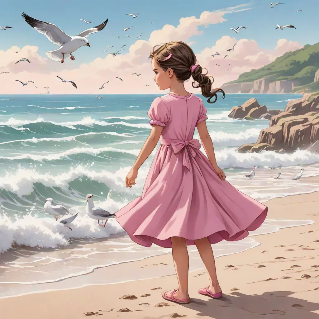 a little girl standing on a beach next to the ocean with seagulls flying around her and a bird flying over her, figurative art, an ultrafine detailed painting, F Scott Hess, stanley artgerm lau