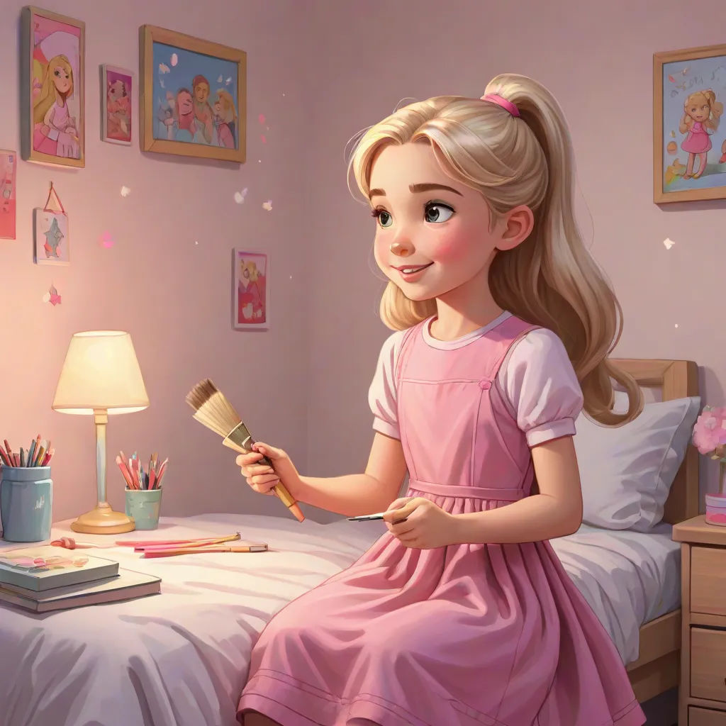 a girl in a pink dress sitting on a bed holding a brush and a book in her hand and a lamp on the side, american scene painting, a storybook illustration, disney, detailed painting