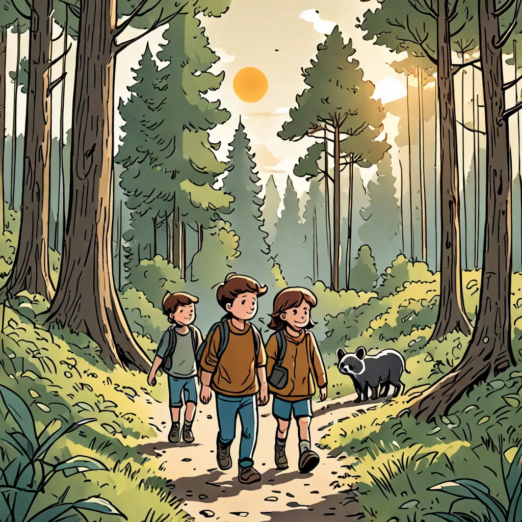 a couple of people walking down a forest path with a dog on a leash next to them and a bear on the other side, environmental art, a storybook illustration, Asaf Hanuka, comic cover art