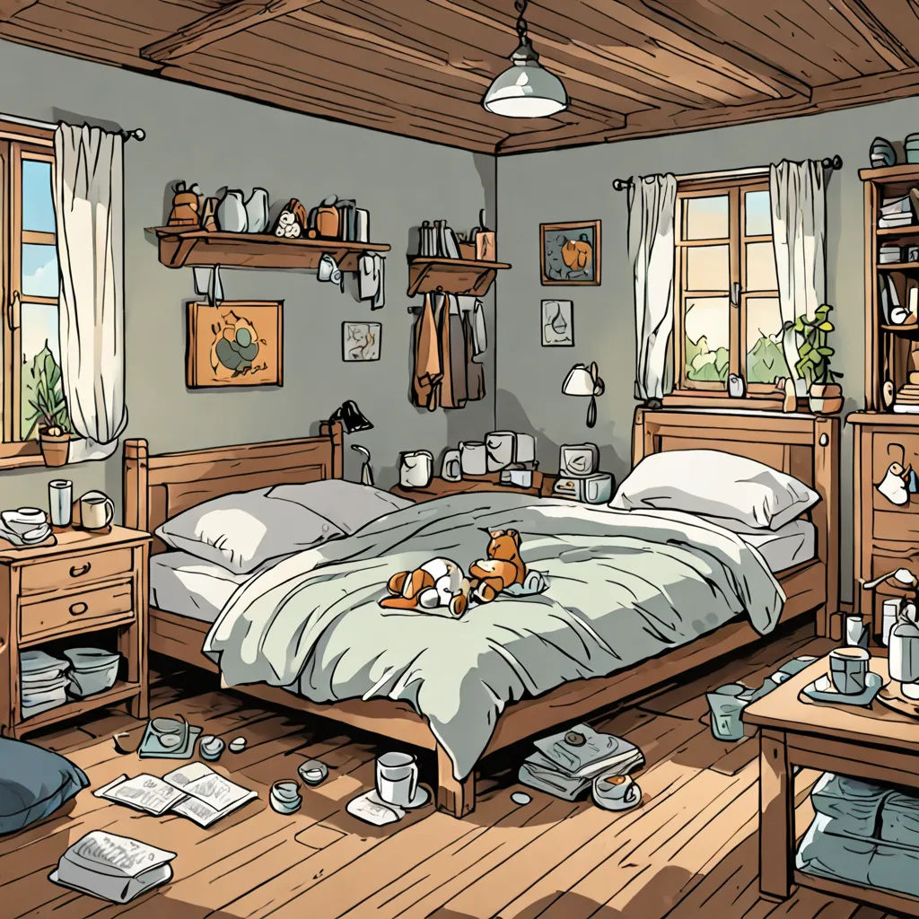a bedroom with a bed, desk, and a cat on the floor in it, and a window, furry art, a storybook illustration, Beatrix Potter, storybook illustration