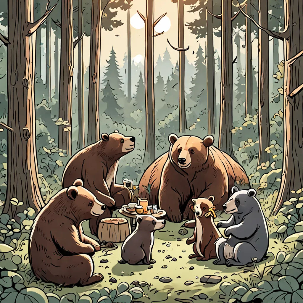 a group of bears sitting around a table in the woods eating food and drinking beer and drinking tea,, furry art, a storybook illustration, Dan Mumford, storybook illustration