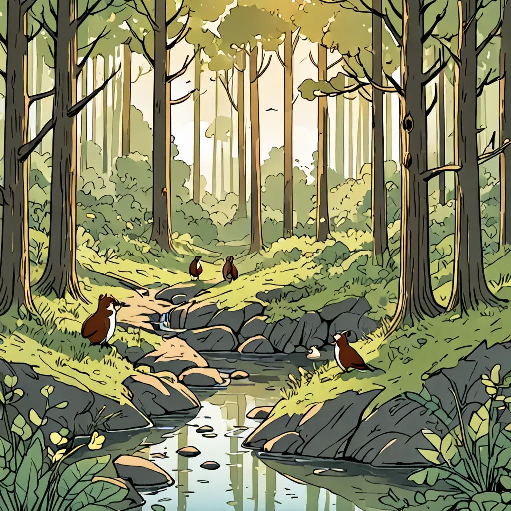 a painting of a stream in a forest with ducks swimming in it and trees and rocks around it, and a few birds on the ground, environmental art, a storybook illustration, Chris LaBrooy, forest