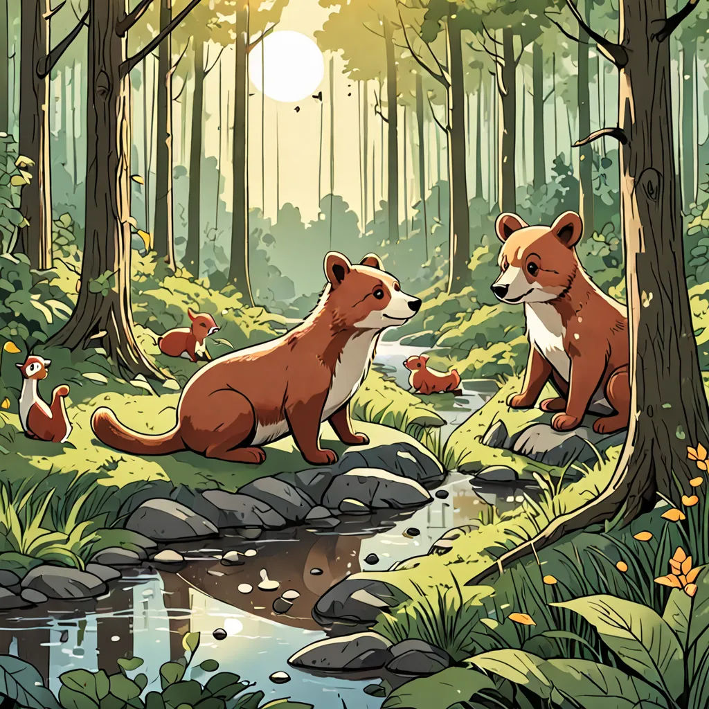 a couple of foxes sitting on top of a forest next to a river and forest animals in the background, furry art, a storybook illustration, Dan Mumford, josan gonzales and dan mumford