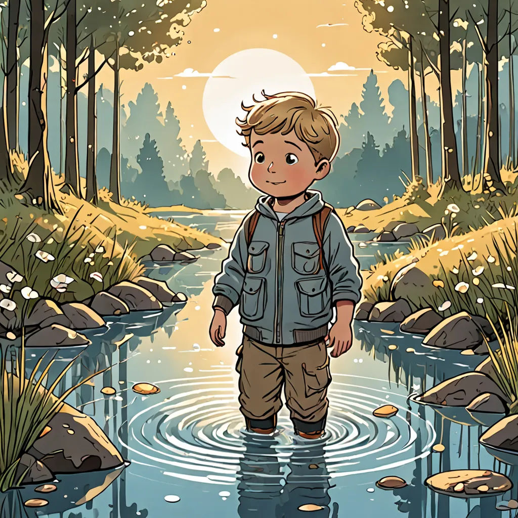 a boy standing in a river with a backpack on his back and a backpack on his shoulder, in front of a forest, environmental art, a storybook illustration, Diego Gisbert Llorens, storybook illustration