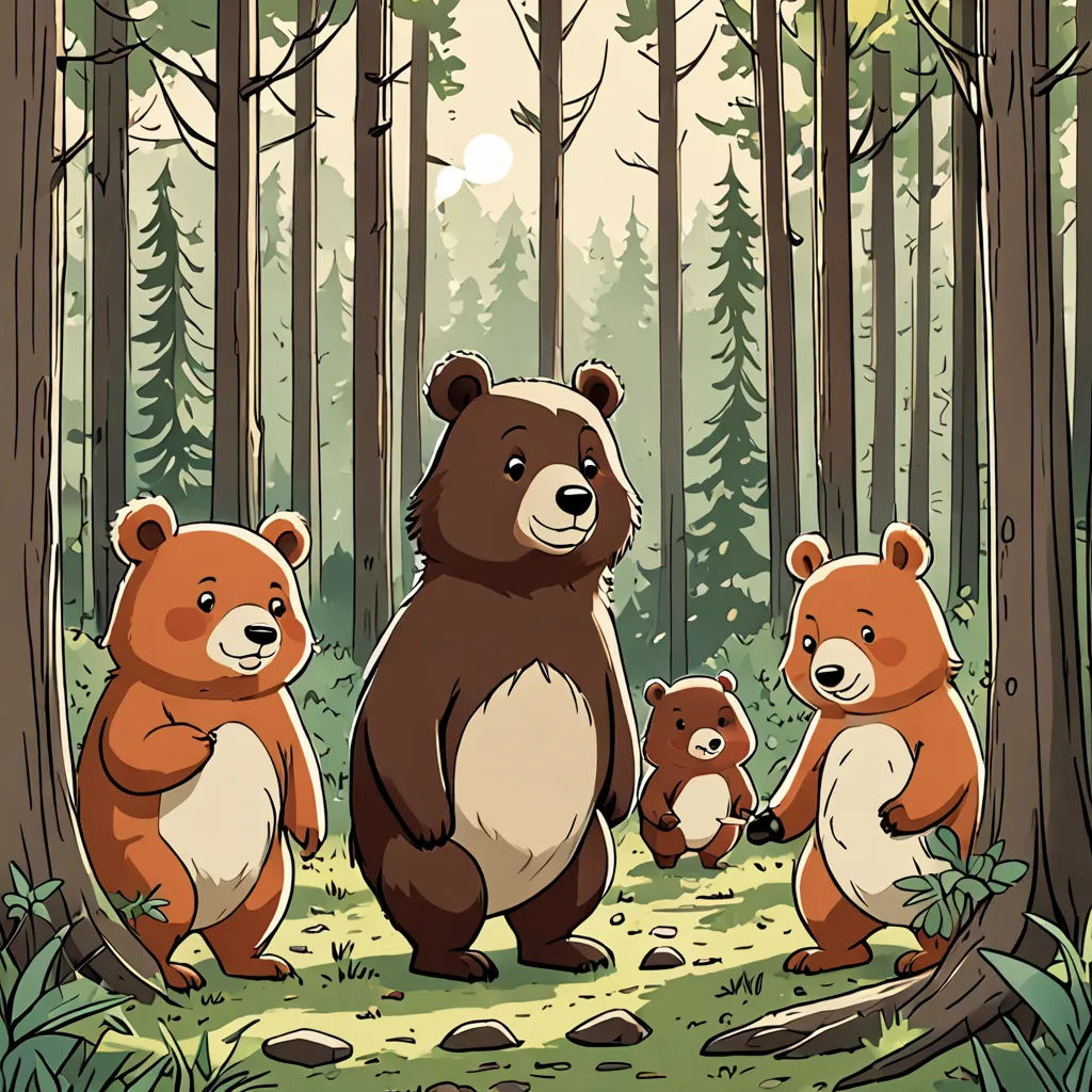 a family of bears standing in the woods together, with the sun shining through the trees behind them,, environmental art, a storybook illustration, Dan Mumford, josan gonzales and dan mumford