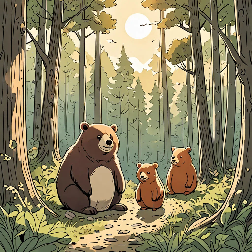a bear and two cubs sitting in the woods together, with the sun shining through the trees behind them, environmental art, a storybook illustration, Atey Ghailan, comic cover art