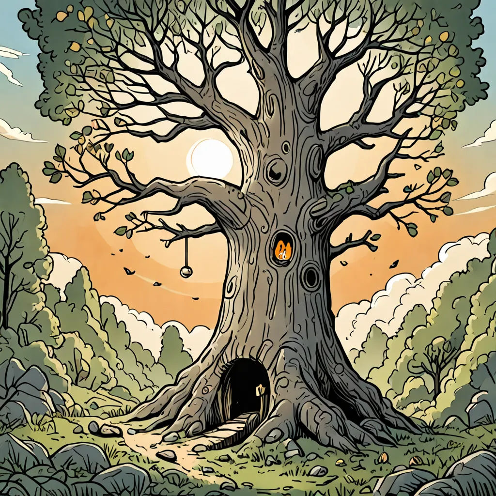a tree with a hole in it and a sky background with clouds and sun behind it, with a yellow light coming from the hole, fantasy art, a storybook illustration, Asaf Hanuka, storybook illustration