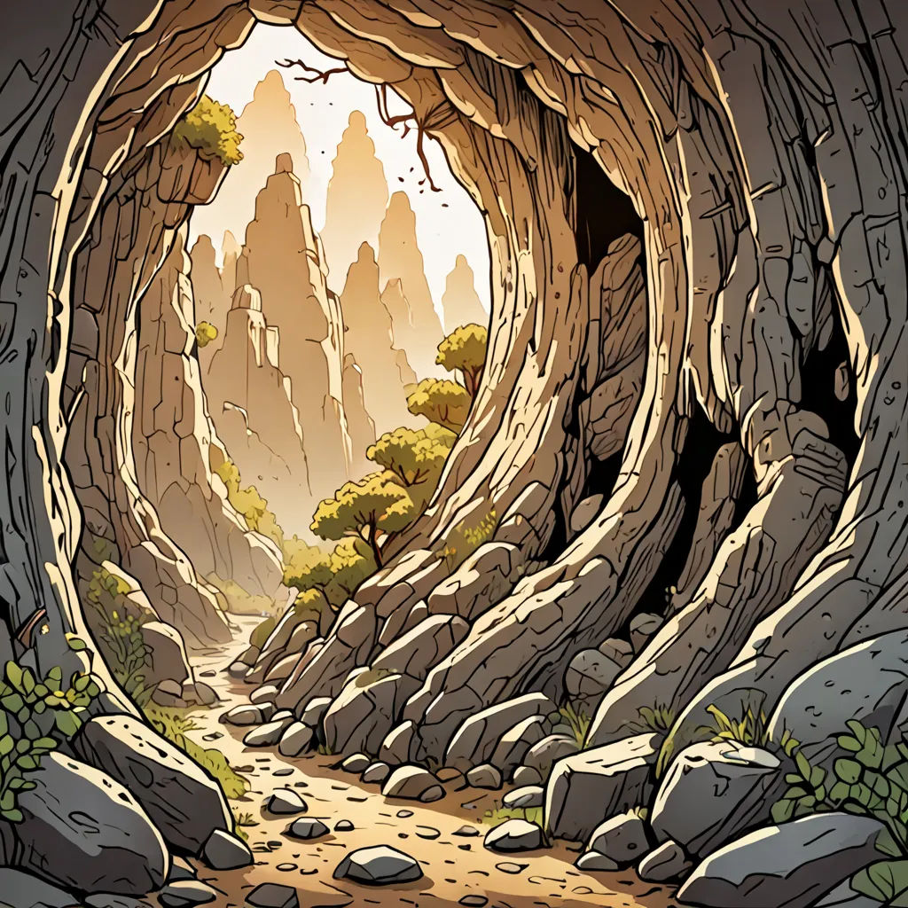 a cartoon of a cave with a path going through it and rocks and plants growing out of the cave, environmental art, a cave painting, Cliff Childs, 2 d game art