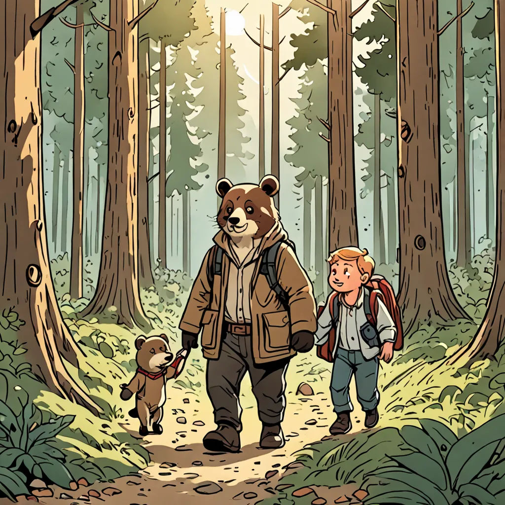 a man and a boy walking through a forest with a bear on a leash and a dog on a leash, furry art, a storybook illustration, Asaf Hanuka, comic cover art