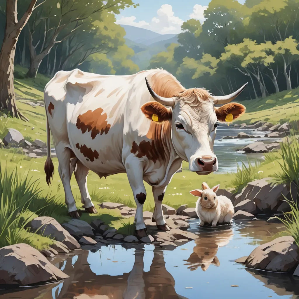 a painting of a cow and a dog in a field by a stream of water with trees and rocks, american scene painting, an airbrush painting, Brothers Hildebrandt, in gouache detailed paintings
