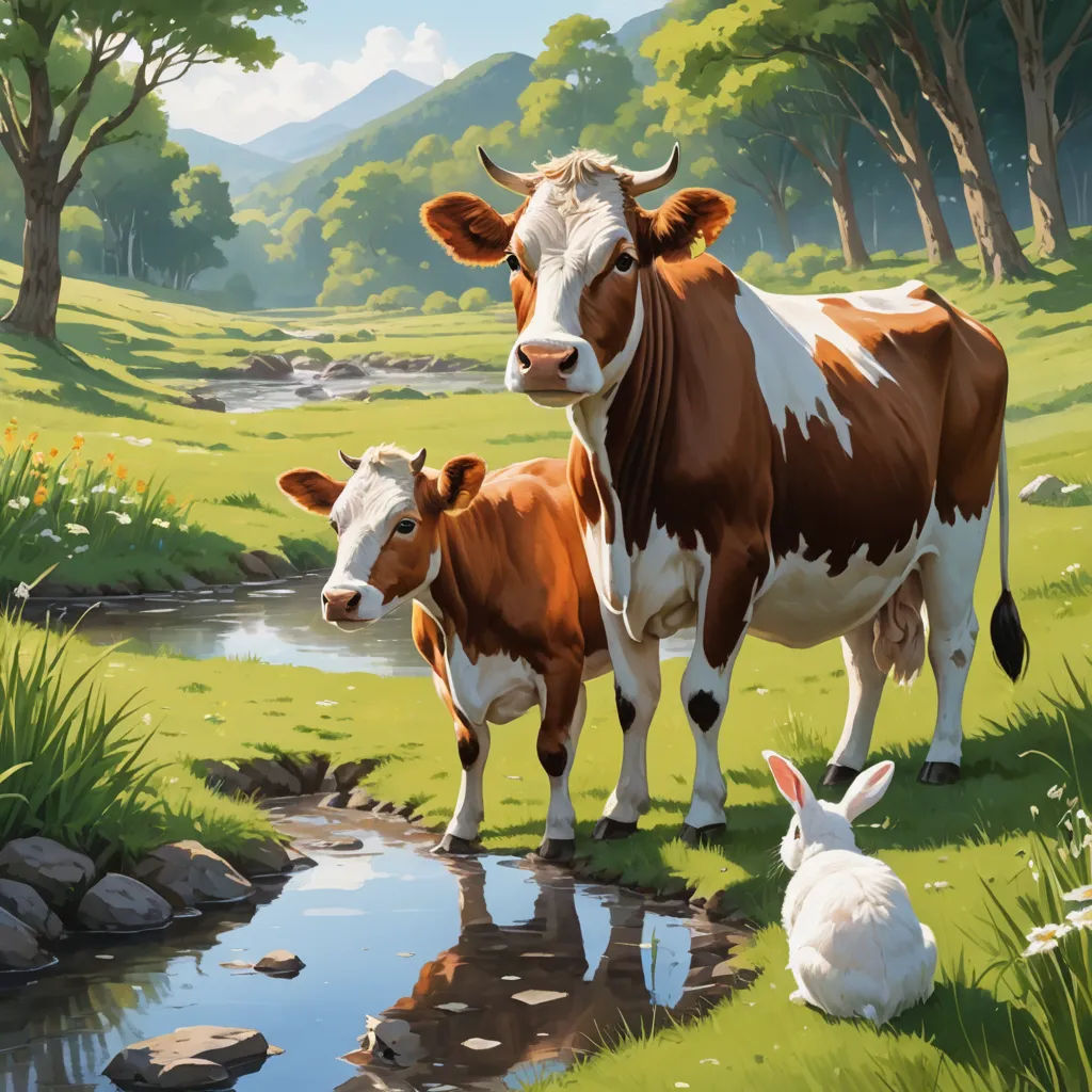a painting of two cows and a bunny in a field by a stream of water with trees and grass, american scene painting, a storybook illustration, Chris LaBrooy, storybook illustration