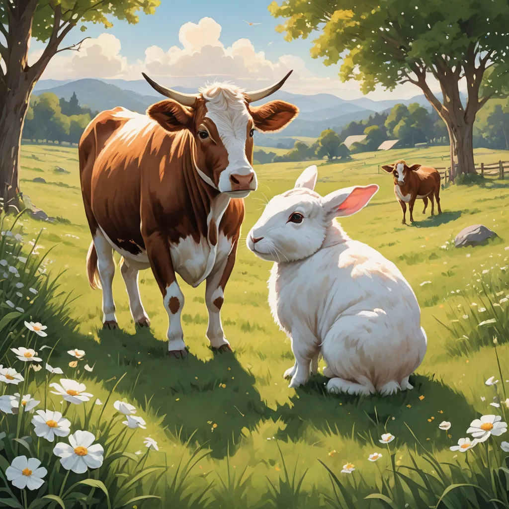 a painting of a cow and a rabbit in a field of grass and flowers with trees in the background, american scene painting, a storybook illustration, Chris LaBrooy, official art