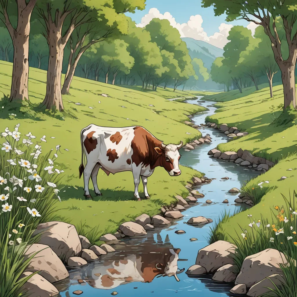 a cow standing in a field next to a stream of water and trees with white flowers on the ground, environmental art, a storybook illustration, Chris LaBrooy, storybook illustration